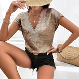 New Lace V-Neck T-Shirt With Vertebry Loose Short-Sleeved Topess Commuting Style Women's Clothing