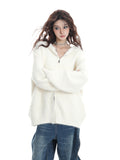 Early Autumn White Double Zipper Hooded Stingy Sweater Cardigan Soft Mashed Sweet Hot Girl Blouse