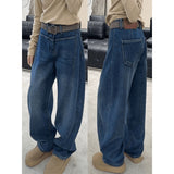 Vintage Dark Blue Broad-Legged Scissors Jeans Women's Autumn And Winter High Waist Plus Plus Thick Loose Drag Long Trousers