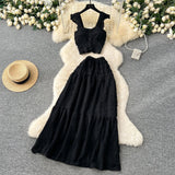 Reduce The Age Of Fresh Spring And Summer Holiday Wind Short Flying Sleeve Slings Slings + High-Waisted Wrinkles Skirt Two Sets
