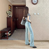 Light Blue Retro High Street High-Rise Micro-Rave Jeans Women Summer Elastic Repair Slim Thin Horseshoe Long Pants