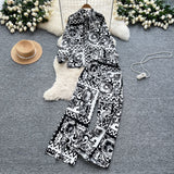 Lightly Familiar Wind Wearing A Female Fashionable Loose-Fitting Long-Sleeved Printed Shirt + High-Waisted Casual Broad-Legged Trousers Set