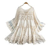 Yunnan Dali Tourism Holiday Dress Women New Gentle Wind Tied V Tie Horn Sleeve Hollow Knitting Short