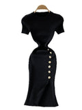 Korean Version Of The Solid Color Collar Buckle Body Short Sleeve Elastic Knitted Forked And Left-Sleeved Dress 0022