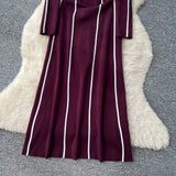 French High-End Sense Niche Fashion Side To Receive Waist Round Collar Long-Sleeved Sweater Dress Female Thin Dress