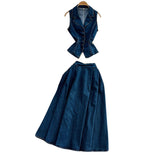 French Age-Down Suit Women's Summer Ripe Wind Folded Back Cowboy Top + High Waist Thin Half