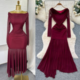 French Small Fragrant Wind Bumpy Round Collar Horn Sleeve Single Buckle Waist Knitted Dress Women Autumn Body Sweater Dress