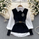 College Style High-Level Sense Of Light Luxury Lady Suit Autumn And Winter Solid Color Loose Long-Sleeved Shirt + Knitted Vest