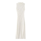 Women's Clothing 2025 Spring New Sleeveless Wrinkles Decorated Semi-High Collar Net Fan Flute Dress