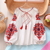 Tourist Vacation Retro National Style Embroidery With Esopre V-Neck Lantern Sleeve Shirt Shirt Women Loose Tide