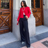 Women's Solid Color Coat 2025 Spring Commuter Leisure Buckle Dress Short Long-Sleeved Round-Neck Suit