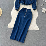 Spring New Retro Suit Female Lace Doll-Collar Denim Jacket + Medium And Long Bag Hip Skirt Two-Piece