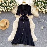 French Retro Style High-End Knitted Dress Women's Summer Lotus Side Single Buckle Design Temperament Luxury Dress