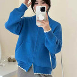 Korean Solid Color Thin Knitted Collar Jacket 2025 New Simple Leisure Pocket Short Zipper Open Shirt