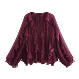 Spring 2025 New Women's V-Neck Single Buckle Long-Sleeved Cascade Decorative Shirt 10 Colors