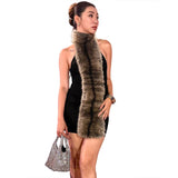 Fashion 2025 Autumn New Women's Sexy Hanging Neck Hairy Neck Stitching Bump Color Bag Hip Dress