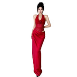 2025 Spring And Summer New Women's Temperament Retro Fake Two Hanging Neck V-Neck Empty Net Yarn Dress Woman