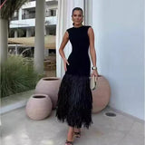 Autumn's New Black Sleeveless Fashion Tweed Splicing Women's Knitted Fan Skirt Elegant