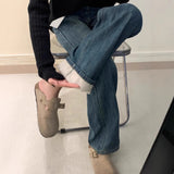 Dark Blue Plus Velvet Jeans Children New Spring And Autumn High-Rise Thin Small Narrow Version Of Straight Broad Leg Pants Winter