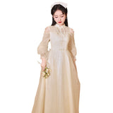New Chinese Adult Ceremony Collared Cheongsam Evening Dress Student Vocal Art Exam Dress 2025 New Long-Sleeved Dress