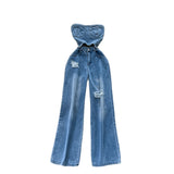 Hong Kong Flavor Chic Net Red New Design Heartless Sleeveless High-Rise Thin Hole Casual Denim Jumpsuit