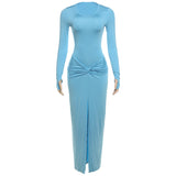 Women's 2025 Summer New Round Neck Fashion Sexy Body Folding Fork Long Sleeve Skirt Set