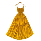 French Tea Break Retro Sling Dress Women's Holiday Wind To Show Thin Folds Design Long Skirt