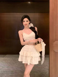 Pure-Want White Sling With Breast Vest Body Bm Half-Dress Short Skirt Two Sets With Short Top Summer