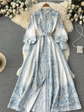 Spring And Autumn Dress Retro Court Style Lapl Lantern Sleeve Print Dress Women's Single Buckle Large A-Word Over Knee Dress