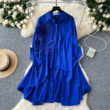 Korean Version Of High-End Sense Polo Collar Shirt Women Autumn Three-Dimensional Flowers Loose Irregular Folding Tail Design Top