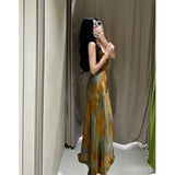 Very Long French Retro Oil Painting Wind-Daughted Sling Skirt Dress Dress Dress Dress Woman