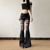 2025 New Women's Hottie Fashion Crack Hollow Design Bow Tie Strap To Repair Micro-Trumpet Pants