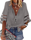 2025 New V-Neck Zipper Shirt Half-Horn Sleeve Grid Spliced Loose Casual Shirt For Women