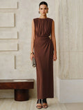 2025 New Women's Folded Wrinkles Sleeveless Long Dress Stylish Metal Decorative Solid Color Dress