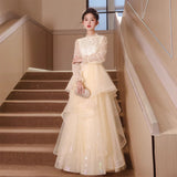 Evening Dress Women 2025 New Champagne Long-Sleeved Banquet Temperament Simple Thin Host Art Exam Dress