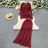 Gentle Wind High-End Sleek Crochet Knitting Set Of Women's Round Collar Long Sleeve Blouse High-Waisted Hip Skirt