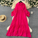 Artistic Retro Casual Dress Women's 2025 Spring Folding Lantern Sleeve Casual Loose Single-Dripple Shirt Long Dress