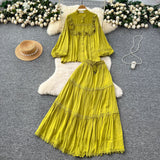French Temperament Set Female Court Vintage Lace Spliced Lantern Sleeve Single-Button Shirt High-Waisted Skirt