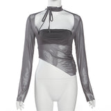Spring 2025 Fashion Trend Women's New Long-Sleeved Square Necker Repair Exposed Umbilly Mesh Perspective T-Shirt