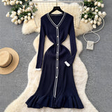 High-Level Small-Sized Famous Woman Hit The Color V-Neck Long Sleeve Single Buckle Waist Knitted Dress Women With Fish Tail