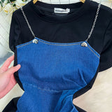 Fake Two Dresses Women's Korean Version Of The Fashion Round Neck Short Sleeves To Receive Waist Thin Denim Dress 0453