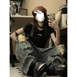 Vintage Wasteland Wind Splash Ink Ripped Jeans Women Summer New Water-Washing Straight Tube Trousers Tide