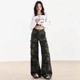 High Street Wide-Legged Camouflage Workwear Jeans Women Autumn New High-Rise Thin Loose Straight Trousers