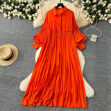 Artistic Retro Casual Dress Women's 2025 Spring Folding Lantern Sleeve Casual Loose Single-Dripple Shirt Long Dress