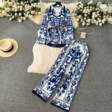 Vintage Fashion Positioning Print Strapping Belt Collar Long Sleeve Top Female High-Waist Broad Leg Straight Trousers Set