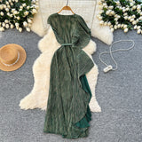 Three-House Folded Dress Design Irregular Lotus Leaves Side To Receive Waist Repair Bright Silk Pressure Folds