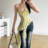 2025 Summer New Women's Pure Color Dress Street Fashion V-Neck Sling Perspective Top Woman