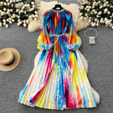 High-End Elegant Dress Women Fashion Nail Ball Collar Hollow Pressure Folding Lantern Sleeves To Print Long Skirt