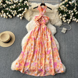 Sexy Hollow Hanging Neck Sling Dress Female Pure Lust Atmosphere Feel Waist Thin Temperament Super Fairy Holiday Floral Dress