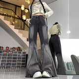 High Street Black And Gray Fashion Gradient Jeans Men And Women Retro Niche Design Sense Waist-Side Flared Trousers